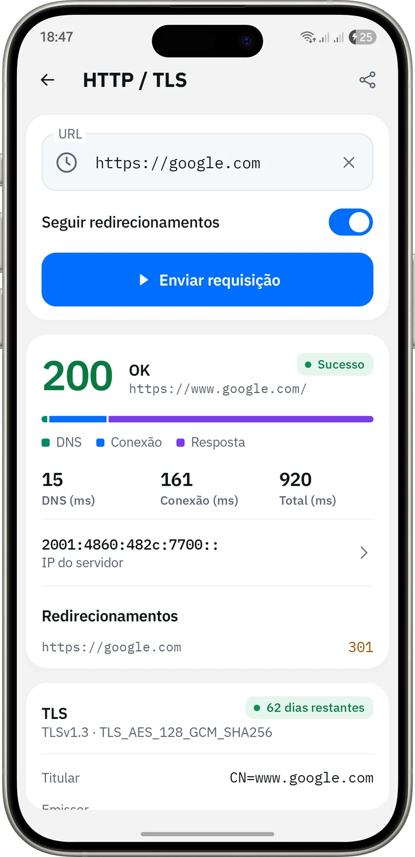 HTTP/TLS para google.com com 200 OK