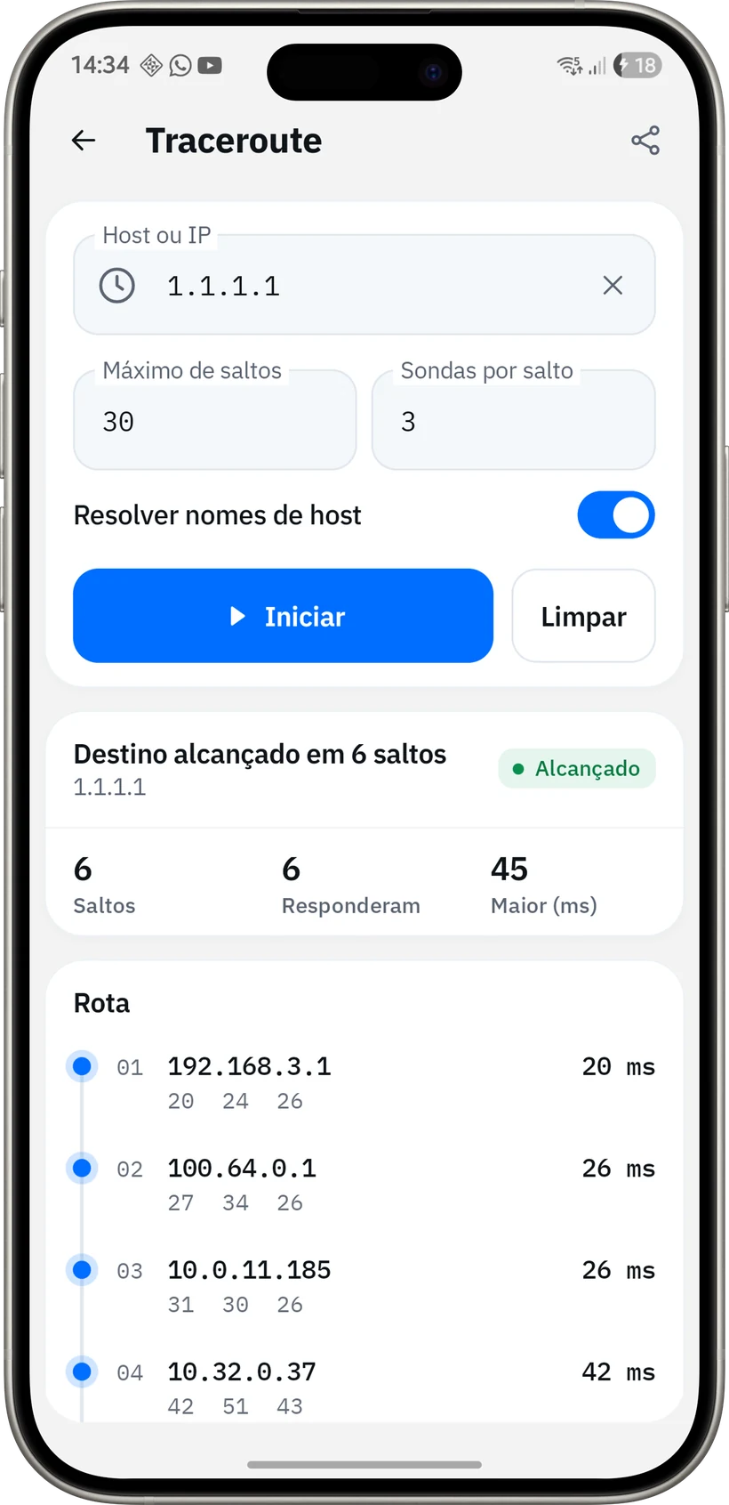 Traceroute até 1.1.1.1 em 6 saltos